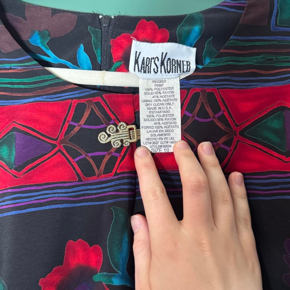 Vintage Kari's Korner 80s Plus Size Mod Geometric Floral Dress 18 Red Multi - Picture 4 of 6
